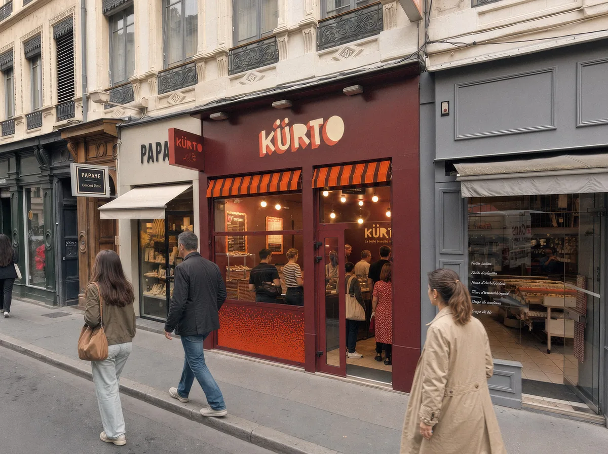 Après : la même façade aux couleurs de KÜRTO, enseigne lumineuse, stores rayés et clients au comptoir